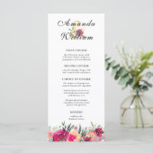 Blumenrosa Hochzeitsmenü für Wasserfarben Menükarte (Stehend Vorderseite)