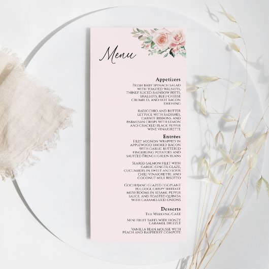 Blumenrosa Hochzeitsmenü Menükarte