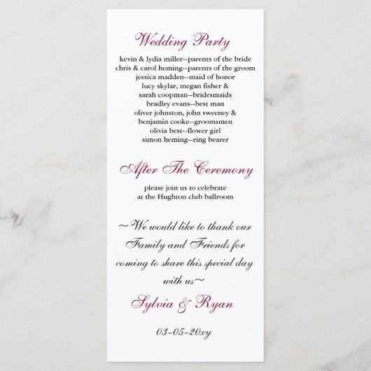 Blumenrosa Hochzeitsprogramm Programm (Rückseite)