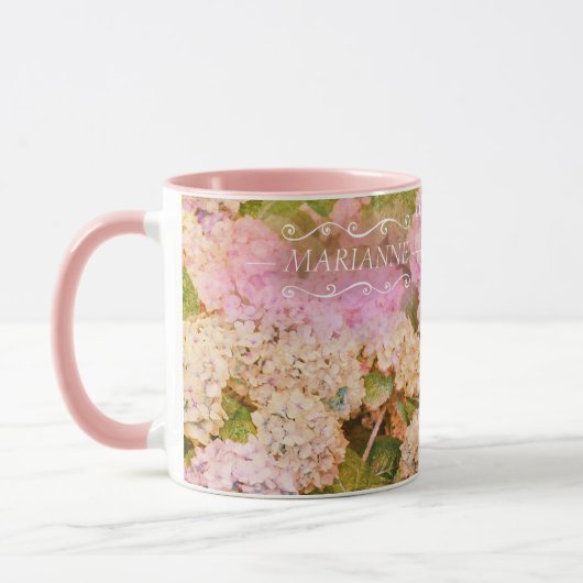 Blumenrosa-Hydrangea-Monogramm-Namensschrift Tasse (Links)