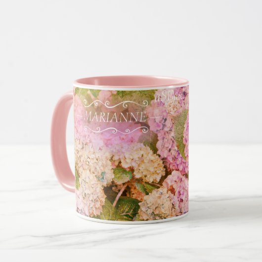 Blumenrosa-Hydrangea-Monogramm-Namensschrift Tasse (Vorderseite Links)