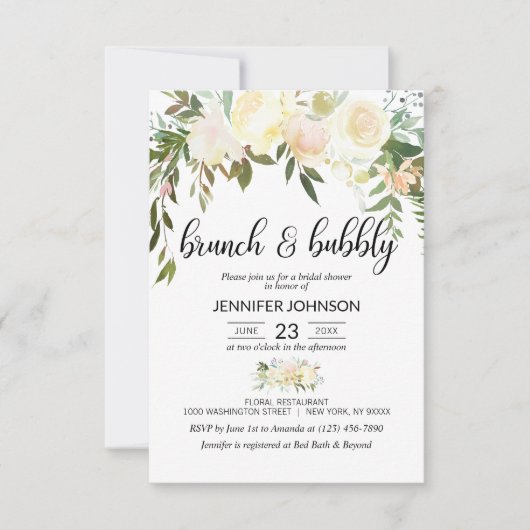 Blumenrosa Ivory Brunch & Bubbly Brautparty Einladung (Vorderseite)