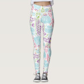 Blumenrosa Korallen Grün und Blau Art Deco Muster Leggings (Vorderseite)