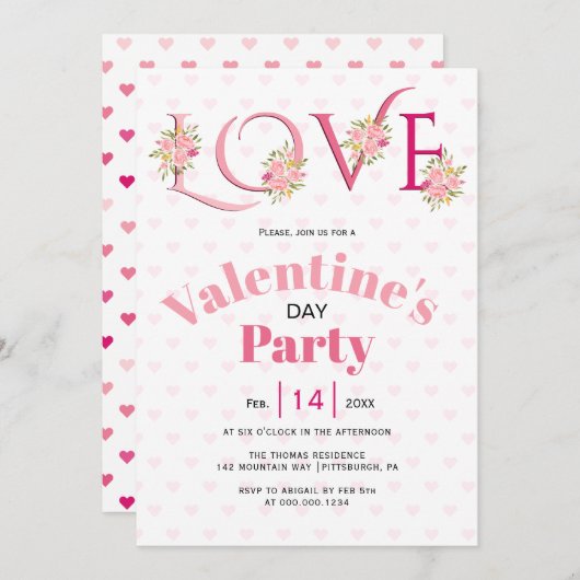 Blumenrosa LIEBE Herz Valentinstag Party Einladung (Vorne/Hinten)