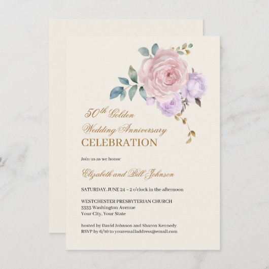 Blumenrosa Lila Gold 50. Hochzeitstag Einladung (Vorne/Hinten)