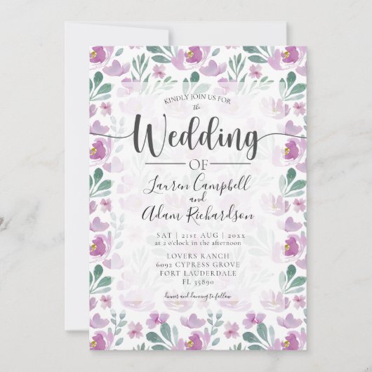 Blumenrosa Lila Hochzeitsfeier Einladung (Vorderseite)