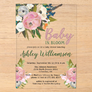 Blumenrosa Mädchen Baby in Blüte Handbemalt Acryleinladungen