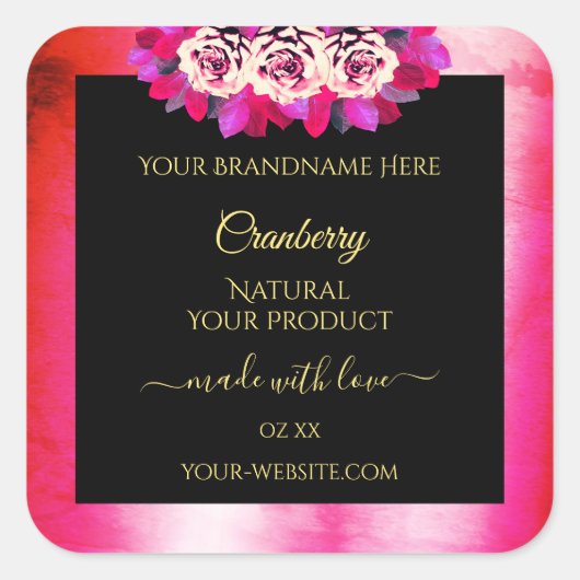 Blumenrosa-Marmormuster Schwarzes Produktlabel Quadratischer Aufkleber (Vorderseite)