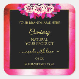 Blumenrosa-Marmormuster Schwarzes Produktlabel Quadratischer Aufkleber