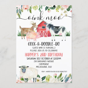 Blumenrosa-Moo-Farm Tiere Einladung zum Geburtstag