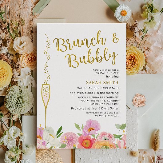 Blumenrosa Orange Brunch Bubbly Brautparty Einladung