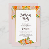 Blumenrosa Orange Gold Geburtstagsparty Einladung (Vorne/Hinten)