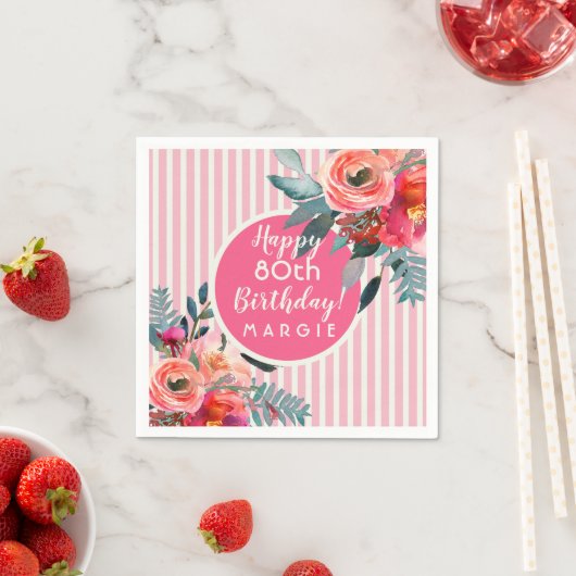 Blumenrosa Pastellstreifen 80. Geburtstag Serviette (Beispiel)