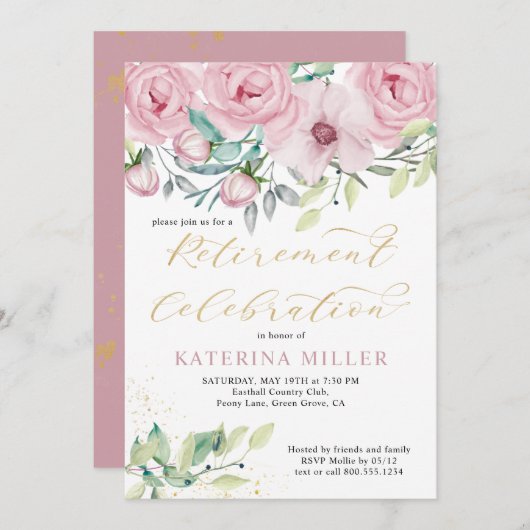 Blumenrosa-Peonie und Gold-Kalligrafie-Rente Einladung (Vorne/Hinten)