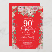 Blumenrosa Peonies 90. Geburtstag Rote Einladung (Vorne/Hinten)