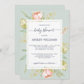 Blumenrosa Peony Rustic Boho Blue Baby Dusche Einladung (Vorne/Hinten)