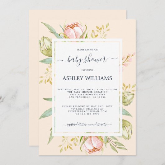 Blumenrosa Peony Rustic Boho Blush Babydusche Einladung (Vorne/Hinten)