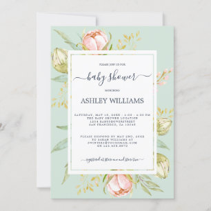 Blumenrosa Peony Rustic Boho Green Baby Dusche Einladung