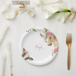 Blumenrosa Pony & Cow Babydusche Weiß Pappteller