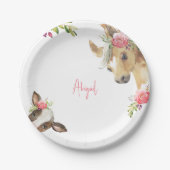 Blumenrosa Pony & Cow Babydusche Weiß Pappteller (Vorderseite)