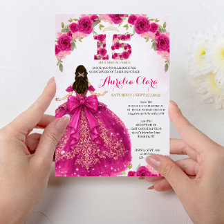 Blumenrosa Prinzessinnenkleid Coquette Quinceanera Einladung