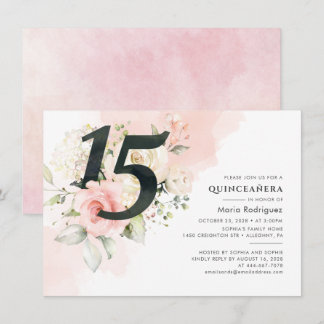 Blumenrosa Quinceanera 15. Geburtstag Wasserfarbe Einladung