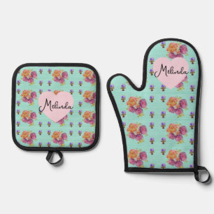 Blumenrosa Rose Rosen Muster Aqua Frauennamen Ofenhandschuh & Topflappen-Set