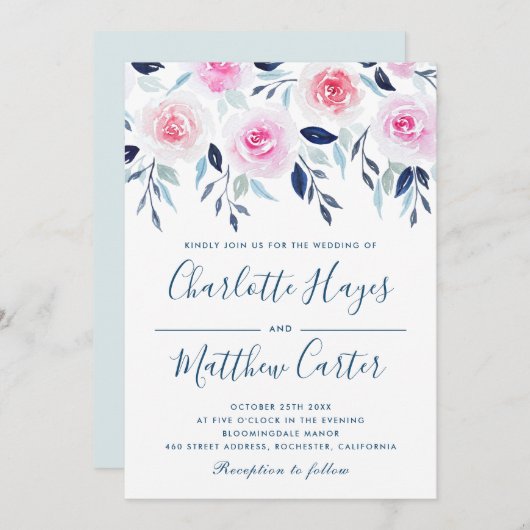 Blumenrosa Rosen Blau Blätter Wasserfarbenprägung Einladung (Vorne/Hinten)