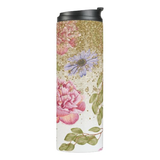 *~* Blumenrosa Rosen Blau Daisy Gold Glitzer Thermosbecher (Nach links gedreht)