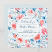 Blumenrosa Rosen Blaue Blumen Wasserfarbenprägung Einladung (Vorne/Hinten)