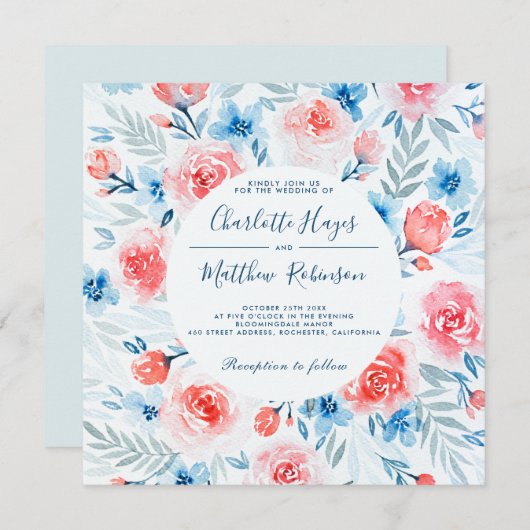Blumenrosa Rosen Blaue Blumen Wasserfarbenprägung Einladung (Vorne/Hinten)