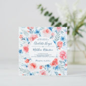 Blumenrosa Rosen Blaue Blumen Wasserfarbenprägung Einladung (Stehend Vorderseite)