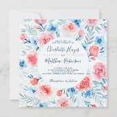 Blumenrosa Rosen Blaue Blumen Wasserfarbenprägung Einladung (Vorderseite)