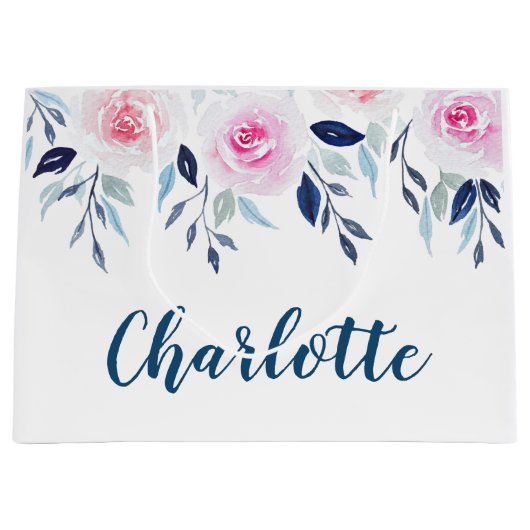Blumenrosa Rosen Personalisierter Name Große Geschenktüte (Vorderseite)
