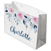 Blumenrosa Rosen Personalisierter Name Große Geschenktüte (Rückseite Schrägansicht)