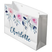 Blumenrosa Rosen Personalisierter Name Große Geschenktüte (Vorderseite Schrägansicht)