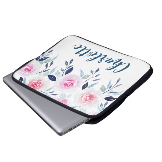 Blumenrosa Rosen Personalisierter Name Laptopschutzhülle (Vorne Knopf)