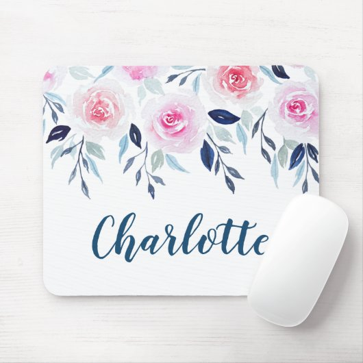 Blumenrosa Rosen Personalisierter Name Mousepad (Mit Mouse)