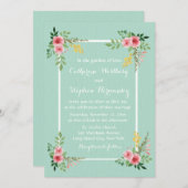Blumenrosa Rosen Wasserfarbenprägung Grüne Hochzei Einladung (Vorne/Hinten)