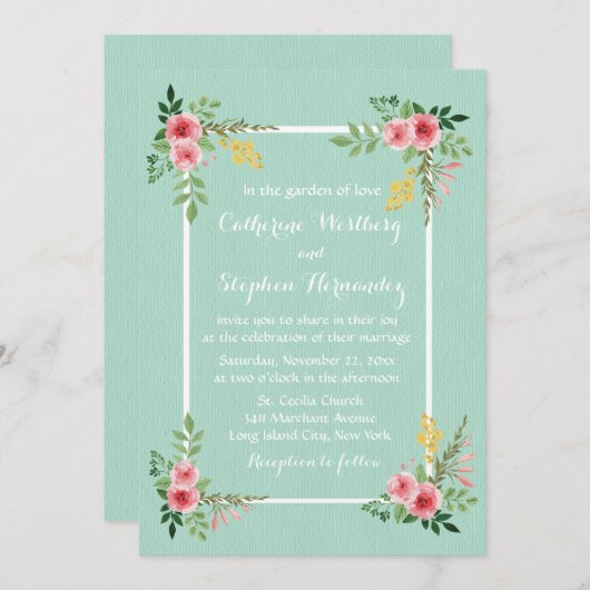 Blumenrosa Rosen Wasserfarbenprägung Grüne Hochzei Einladung (Vorne/Hinten)
