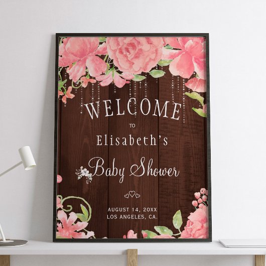 Blumenrosa rustikale Babydusche Begrüßungszeichen Poster