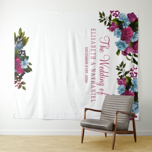 Blumenrosa, schick blauer Hochzeitsstand Foto Stan Wandteppich (Beispiel (Horizontal))