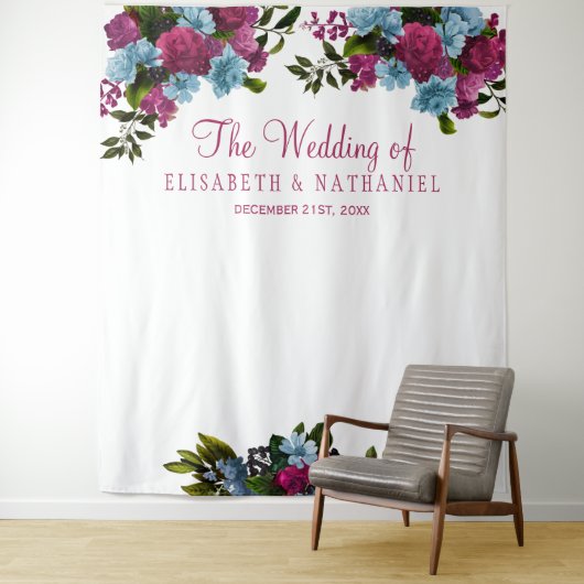 Blumenrosa, schick blauer Hochzeitsstand Foto Stan Wandteppich (Beispiel)