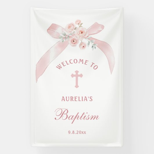 Blumenrosa Schleife Taufe Willkommen Banner (Vertikal)