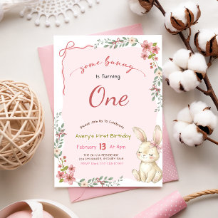 Blumenrosa Schleifen Gingham Bunny Mädchen 1. Gebu Einladung