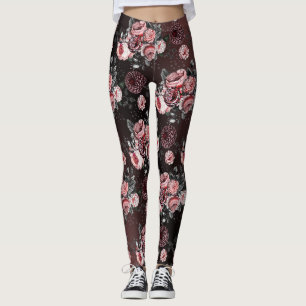 Blumenrosa Schwarz Lila Vintage Rose Muster Leggings