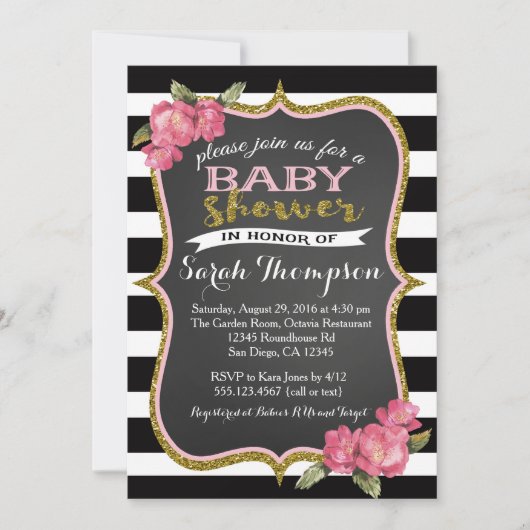 Blumenrosa Schwarz-Weiß-Baby-Dusche Einladung (Vorderseite)