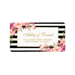 Blumenrosa Schwarz-weiße Streifen Hochzeit Adressaufkleber