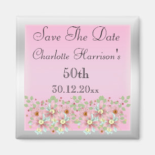 Blumenrosa & Silber Save The Date 50. Magnet