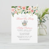 Blumenrosa Silver Tee Party Brautparty Einladung (Stehend Vorderseite)